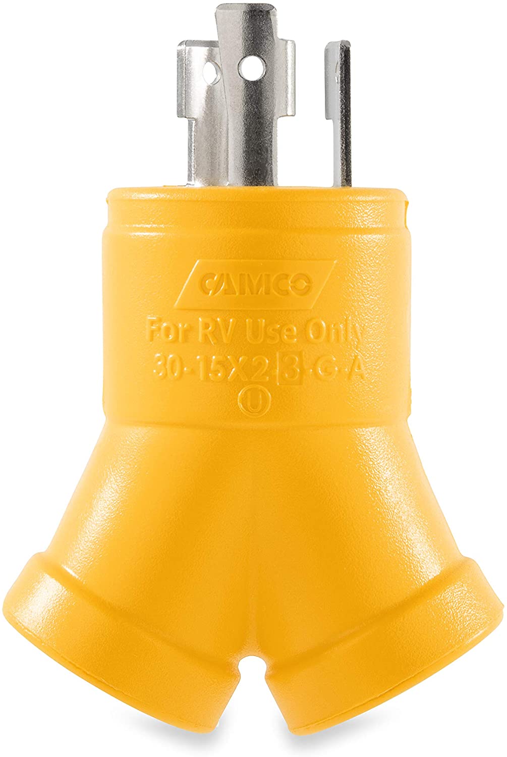 Camco PowerGrip Heavy Duty 3-Prong Generator Adapter (30M/2 x 15F) - Durable Construction for Safe and Simple Use