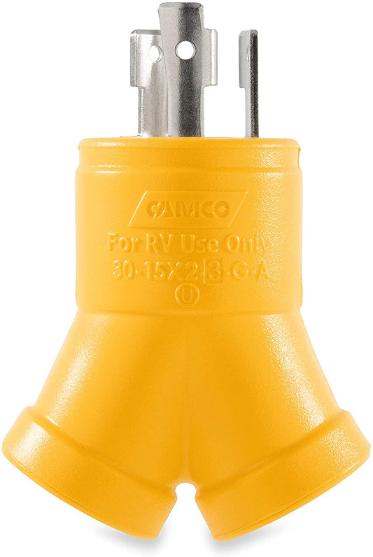 Camco PowerGrip Heavy Duty 3-Prong Generator Adapter (30M/2 x 15F) - Durable Construction for Safe and Simple Use