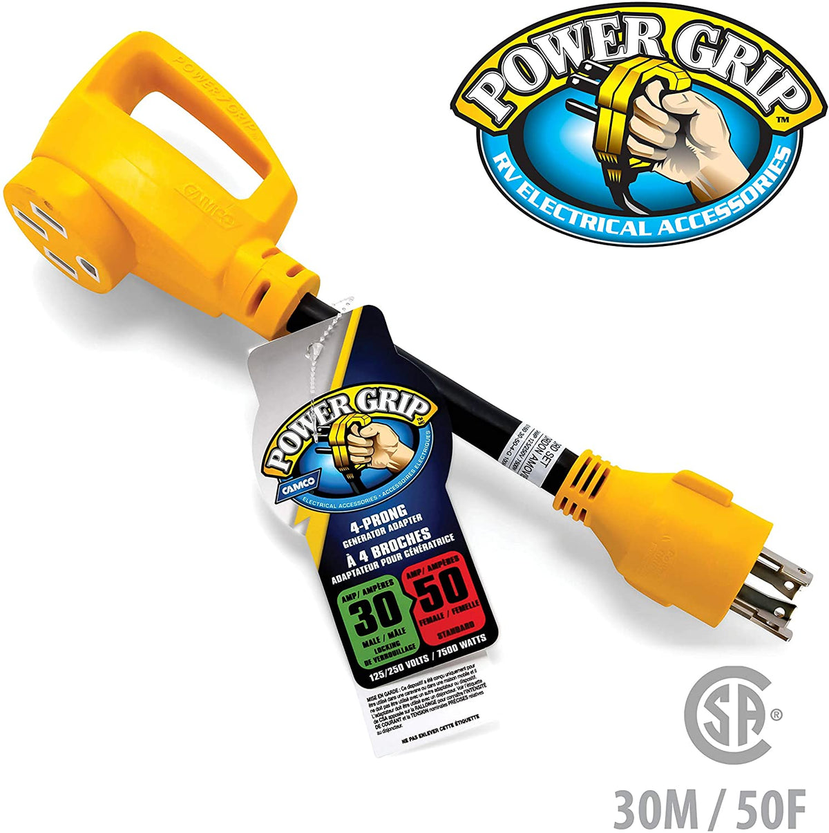 Camco 55422 PowerGrip 12" 30Amp 4 Prong Locking Male to 50Amp Standard Female Generator Adapter